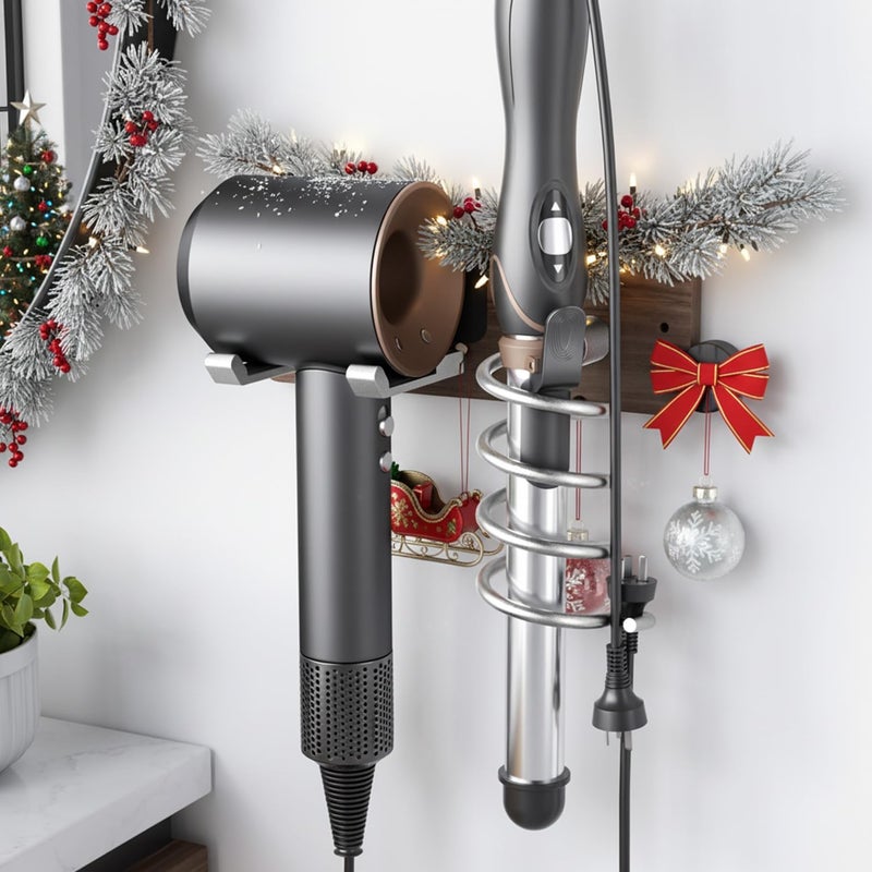 Tindbea Hair Dryer Holder Curling Iron Holder, Blow Dryer Holder Wall Mount, Bathroom Hair Tool Organizer Rack for Universal Dryer, Walnut Wood Silver Color Metal - Image 1